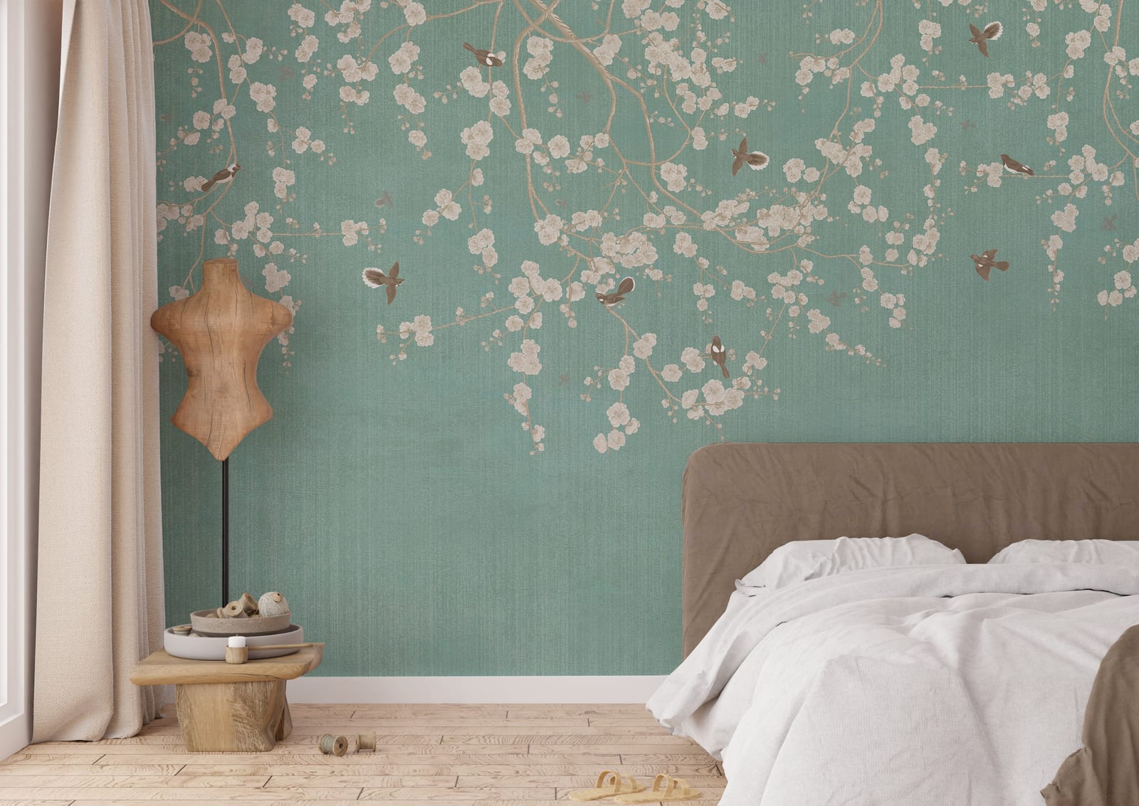 Branches Birds Green Design Vintage Wallpaper