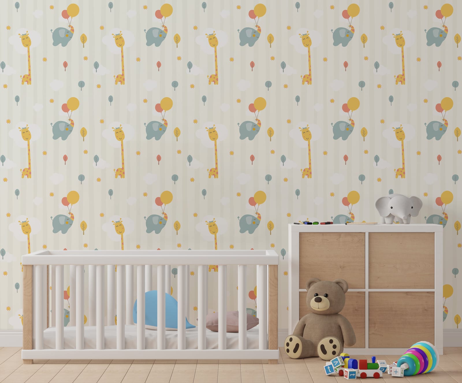 Cute safari creatures decorative wall highlighting baby room interior with warm calming nursery vibe