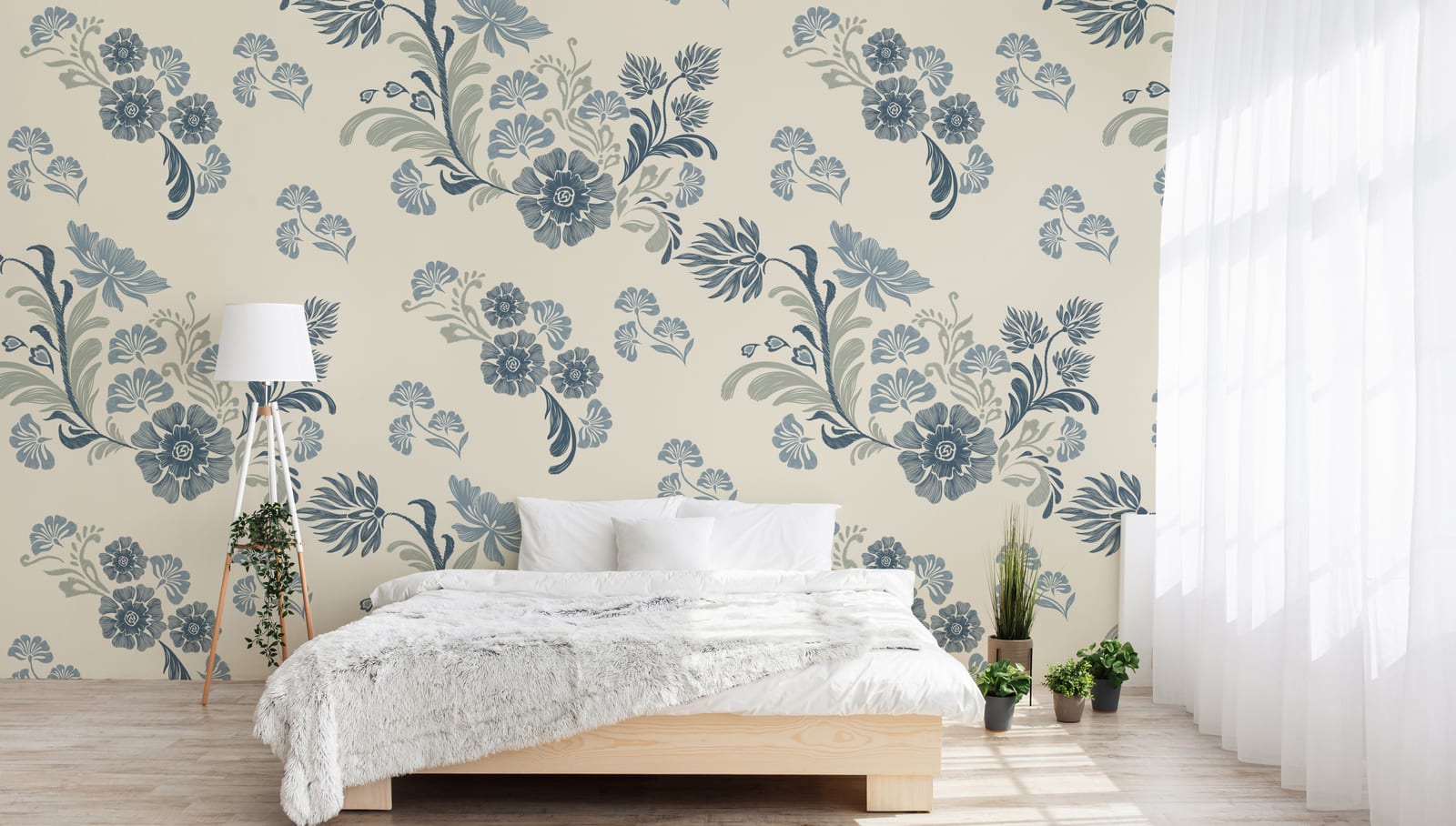 Stylish bedroom wall wallpaper showcasing soft blue vintage floral design with neutral beige tones