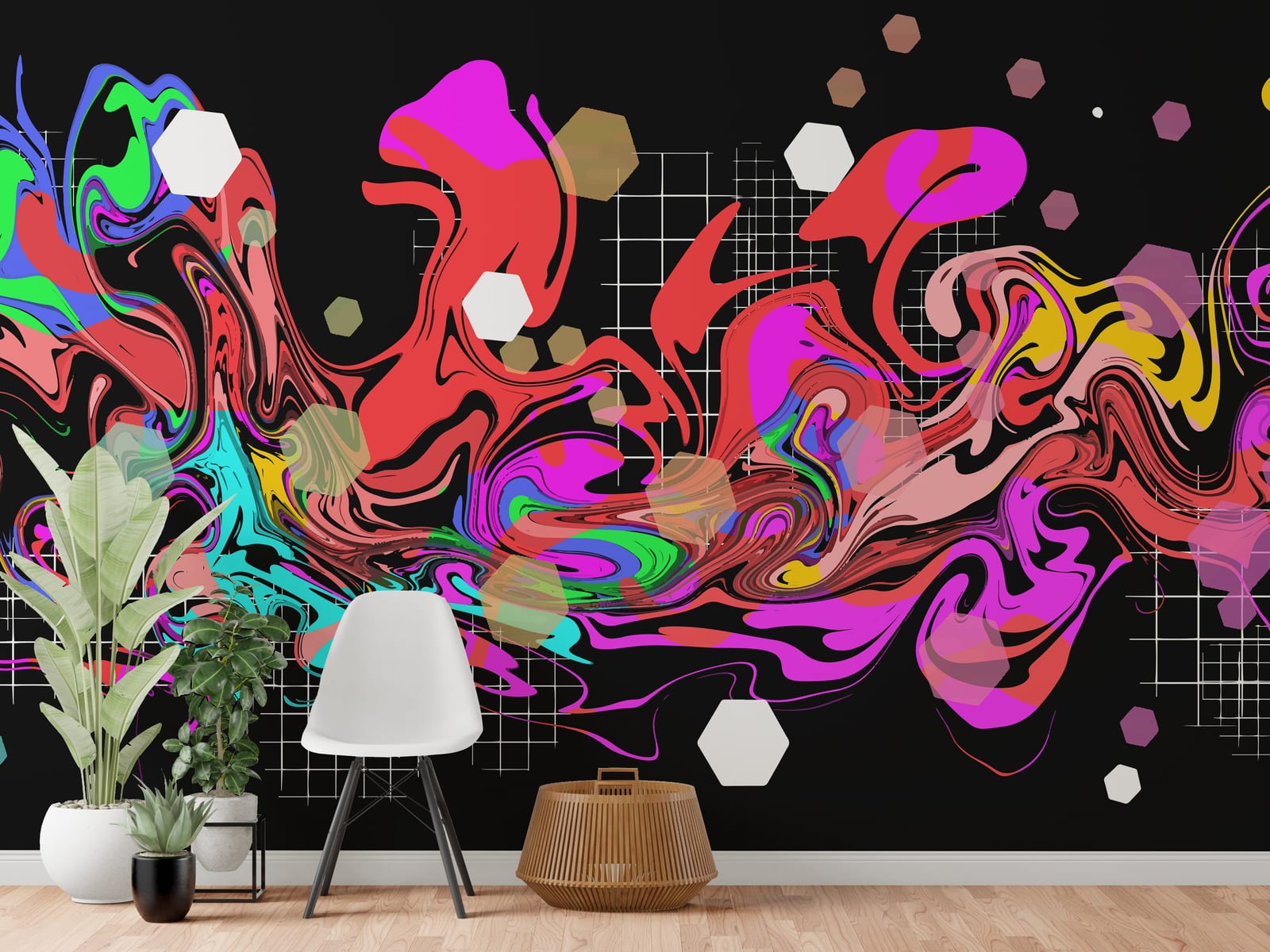 Neon abstract graffiti wall decor for trendy interior design