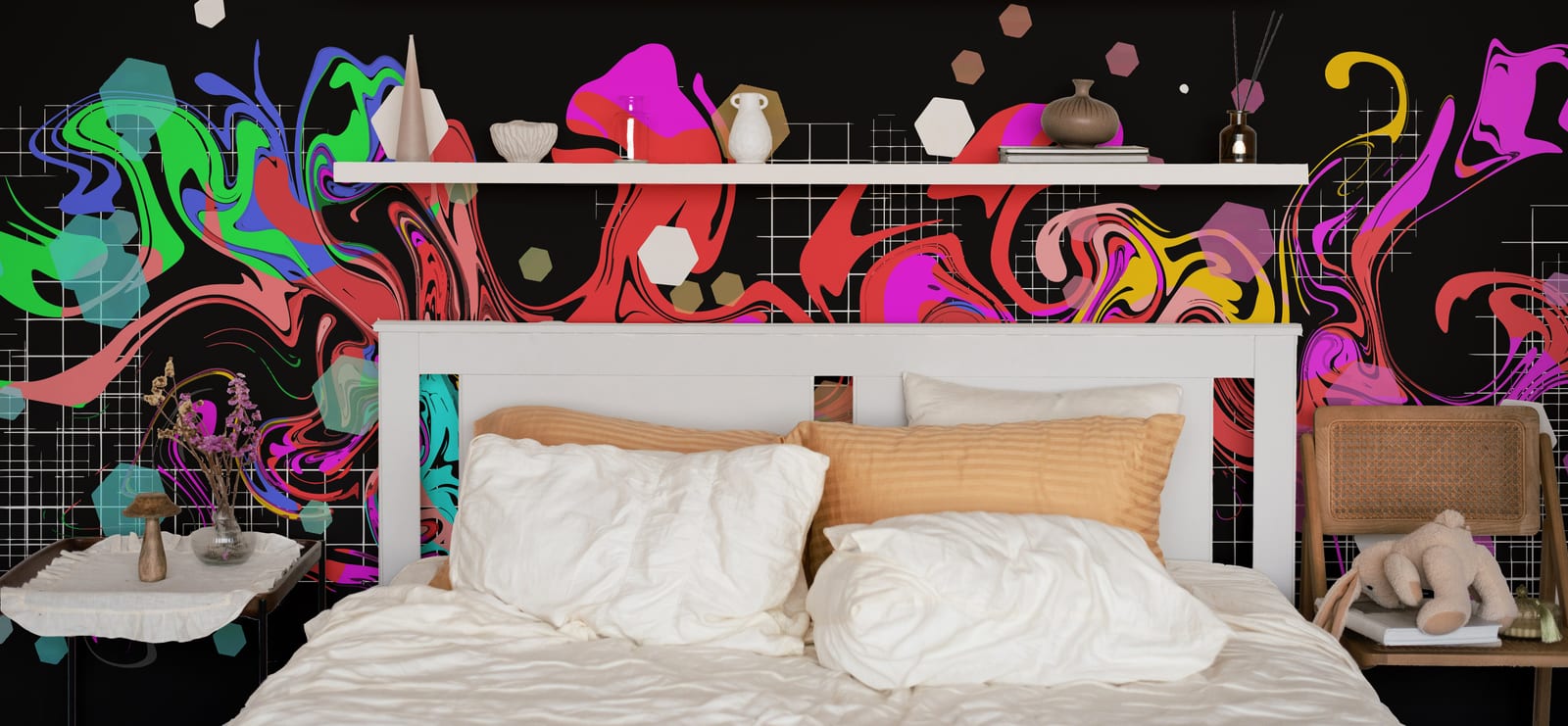Vibrant street art wallpaper featuring fluid paint pattern for stylish bedroom accent wall
