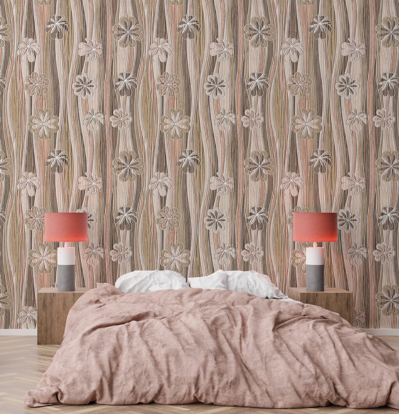 Beige floral wood texture wallpaper creates calm cozy bedroom wall decor atmosphere