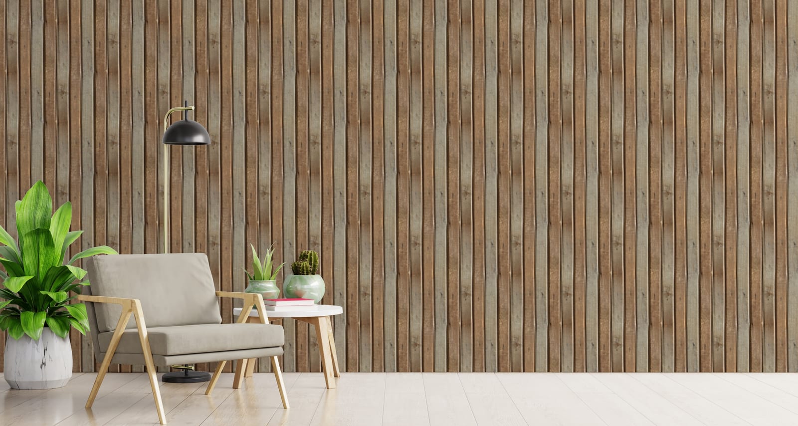 Natural wood plank wallpaper mural showcasing rustic timber slats bringing cozy minimalist design to bedroom walls