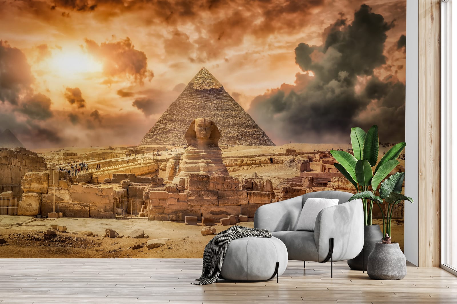 Egyptian Sphinx pyramid sunset wall mural with desert landscape for living room decor