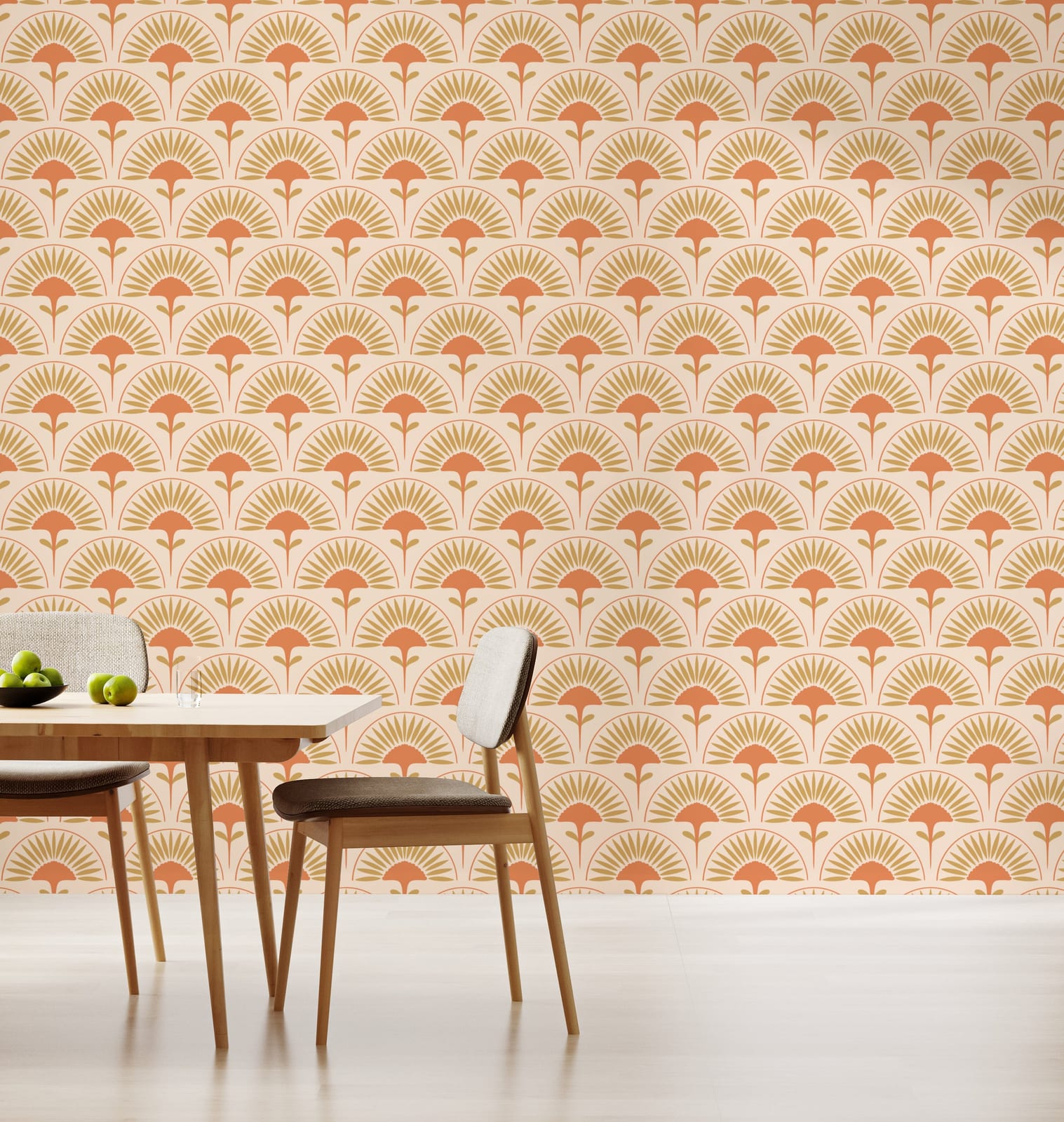 Retro fan arch pattern wall covering for stylish dining space decor