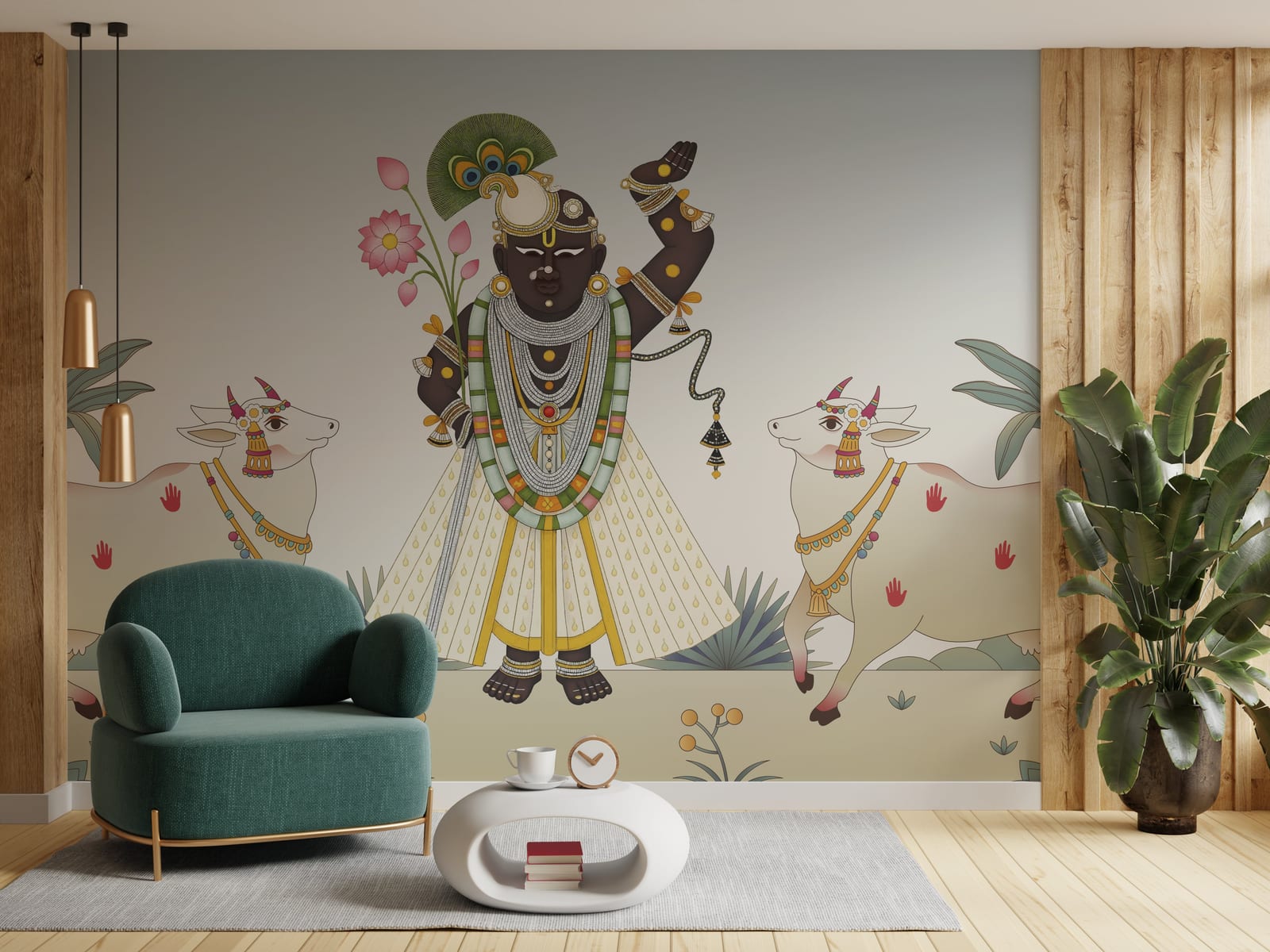 Krishna wall mural with sacred cows, earthy tones, bold Indian living room decor