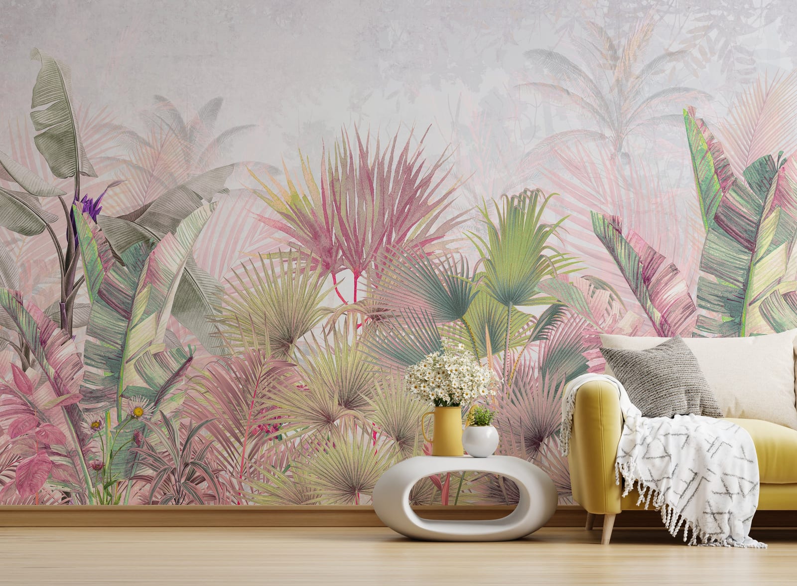 Nature-themed wall covering with broad leaves in soft neutral hues adding depth and warmth to living spaces.