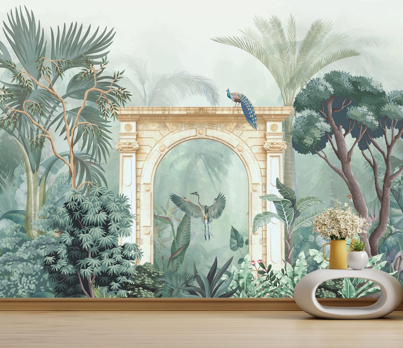 Tropical peacock botanical mural for vibrant living room interior decor
