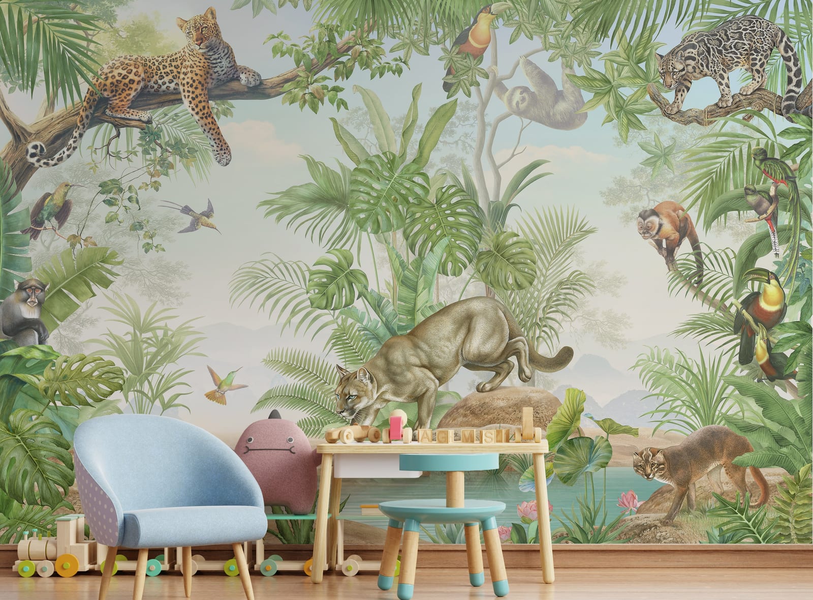 Cozy nursery wall decor featuring jungle safari animals with gentle wildlife and leafy textures in muted tones, ideal for calming baby spaces