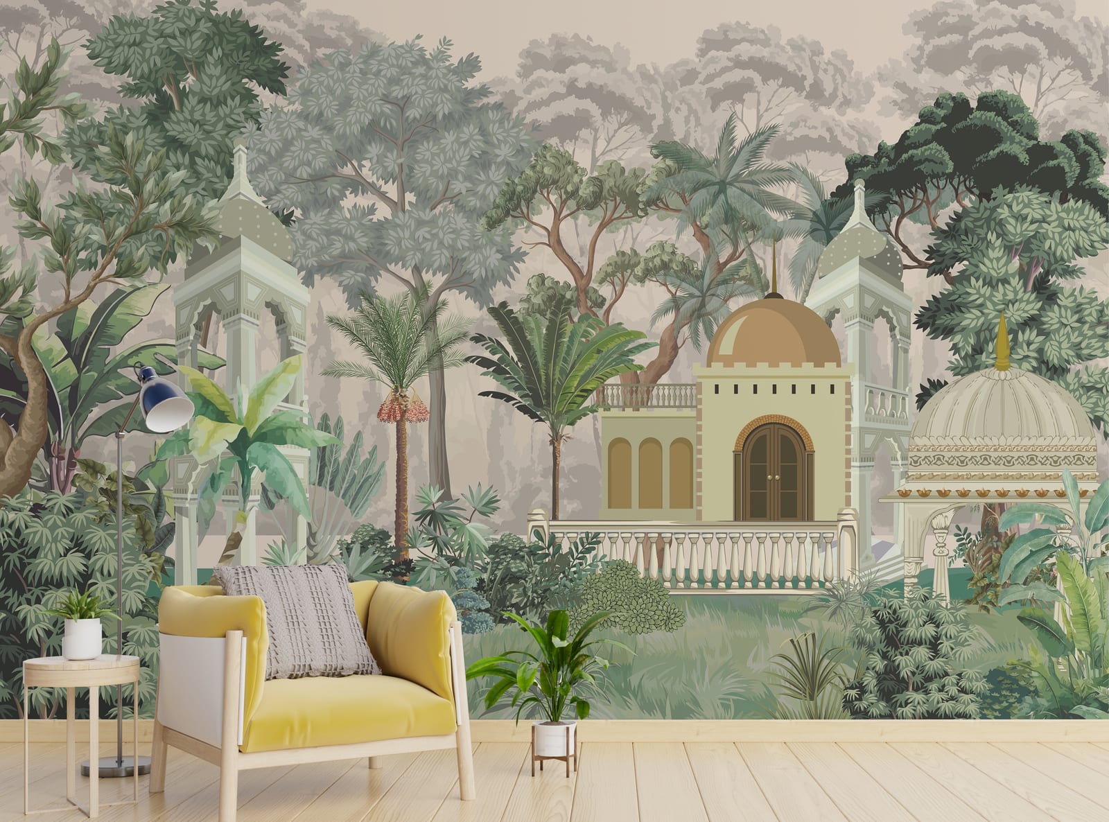 Tropical palace garden mural with lush botanical landscape for elegant living room decor