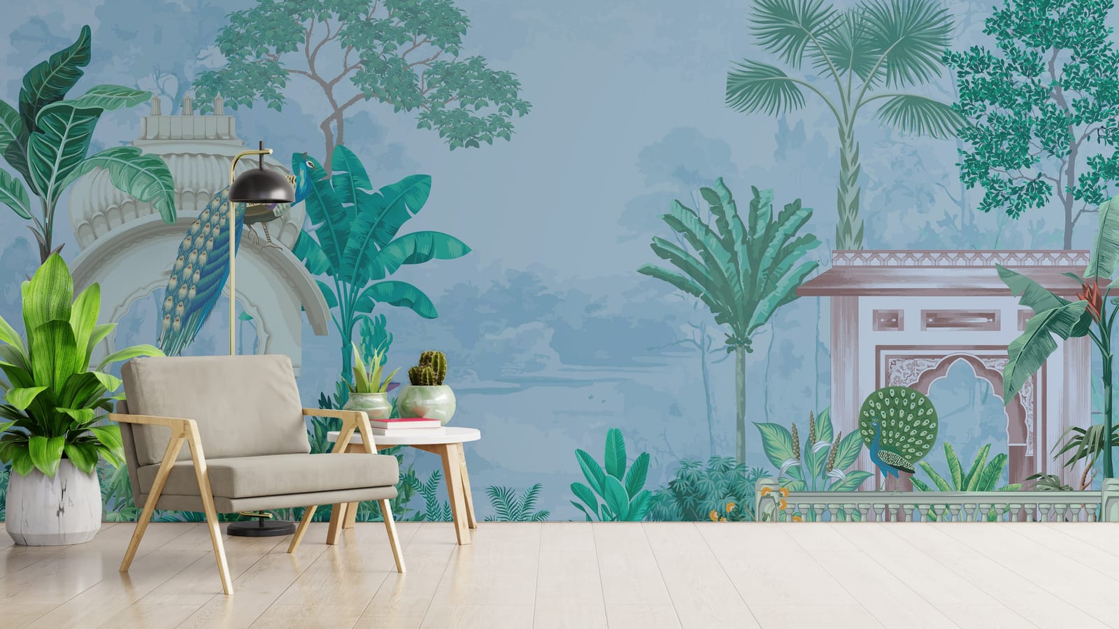 Nature inspired bird and beige floral pattern perfect for modern office wall styling