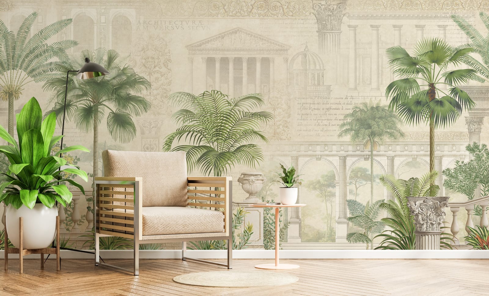 Soft neutral classical mural with palm leaves and arches, perfect for homes in Illinois, Toronto, Paris, and contemporary interiors.