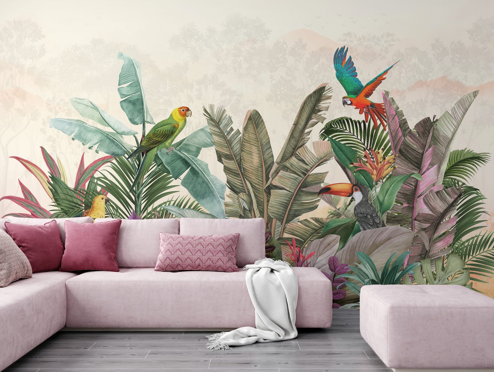 Decorative rainforest parrot mural with tropical leaf pattern for welcoming living room background