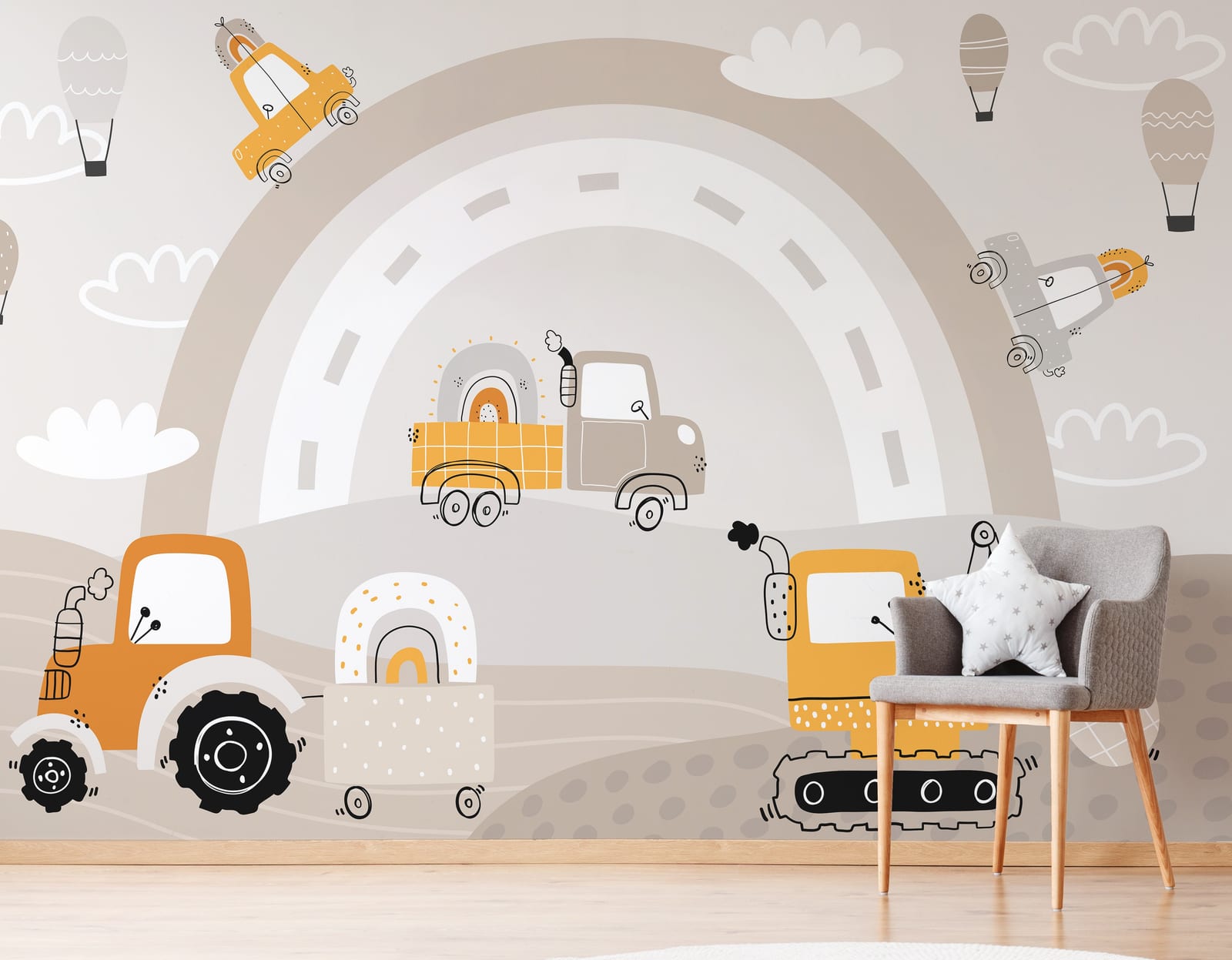Cartoon construction truck road wallpaper for baby nursery accent wall