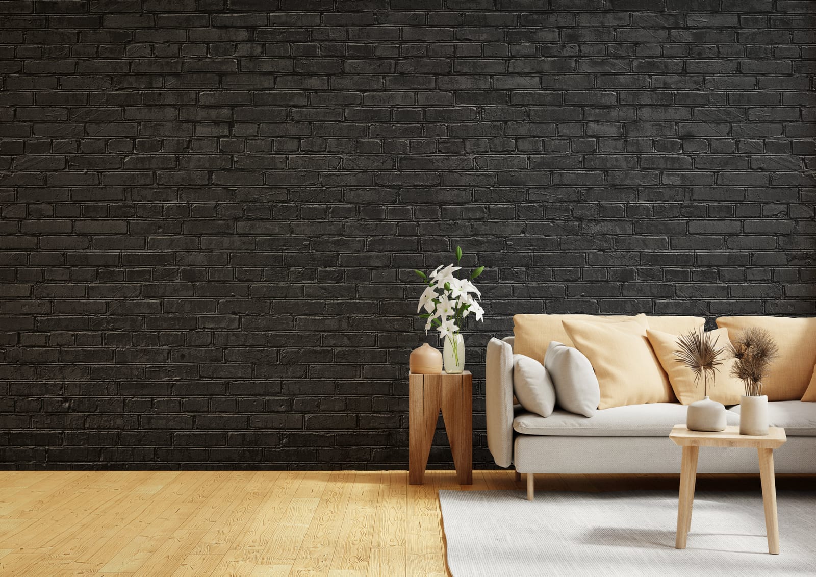 Modern bedroom styled with bold black brick wallmural design behind the bed.