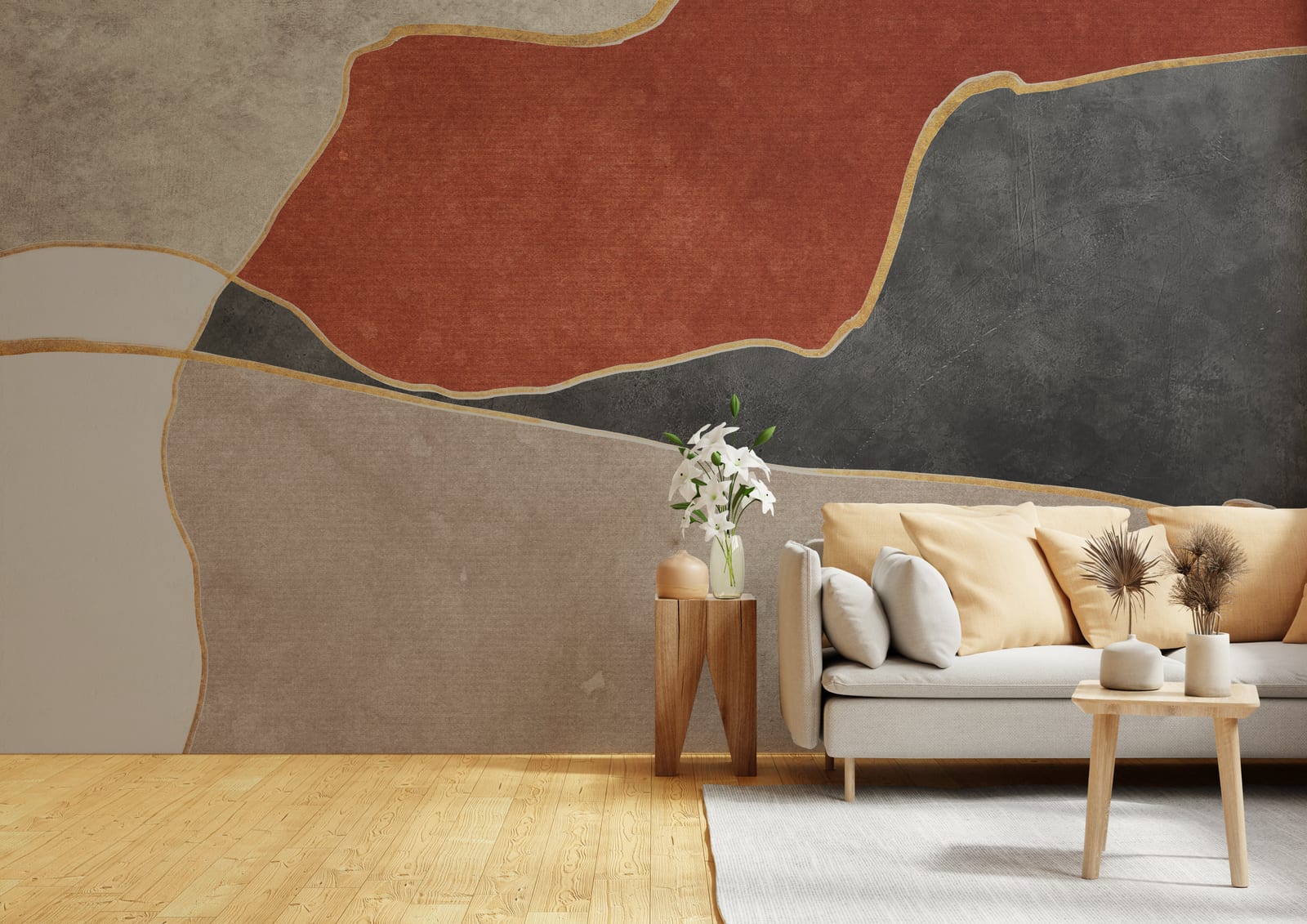 Sleek geometric peel and stick wallpaper in muted grey and rich rust tones adding depth to a professional office room.