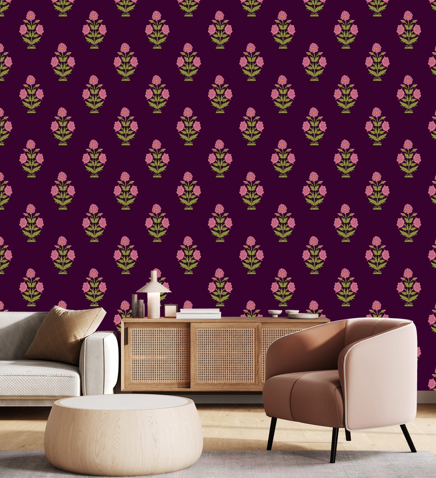 Modern reading corner interior featuring stylish delicate botanical ornament wall mural adding texture depth and artistic character.
