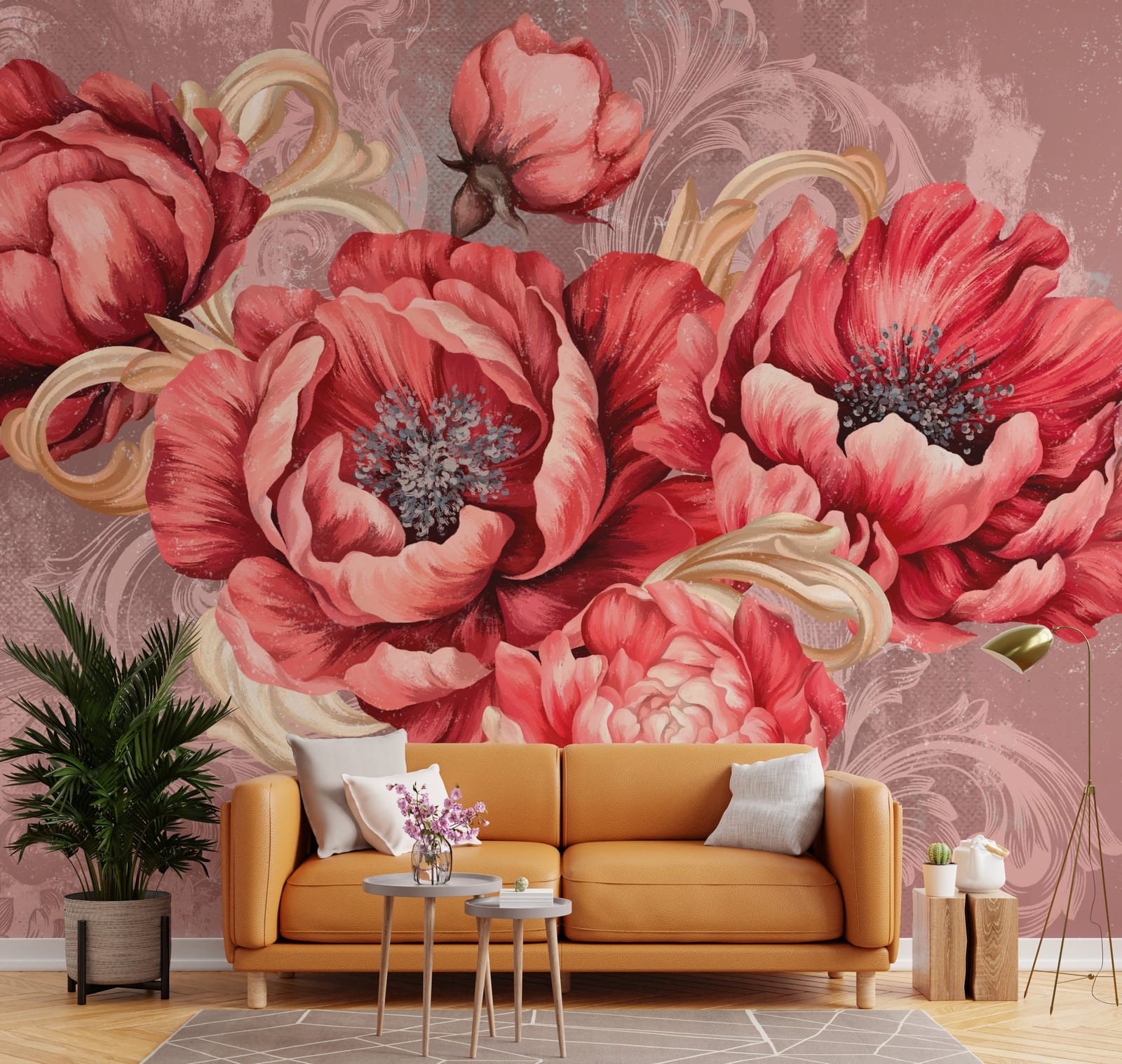 Peony Wallpaper | Red Floral Vintage Peel and Stick Wallpaper