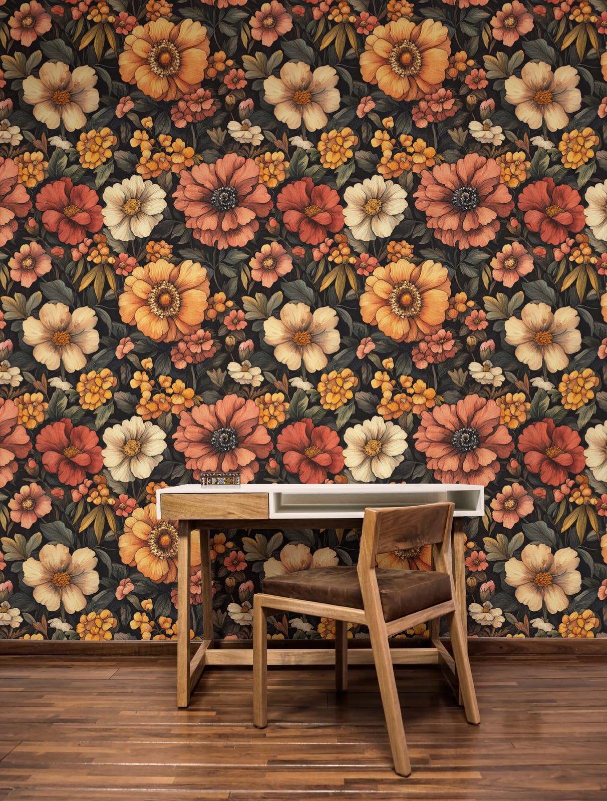 Dark botanical removable wallpaper with vintage flowers for office wall decor