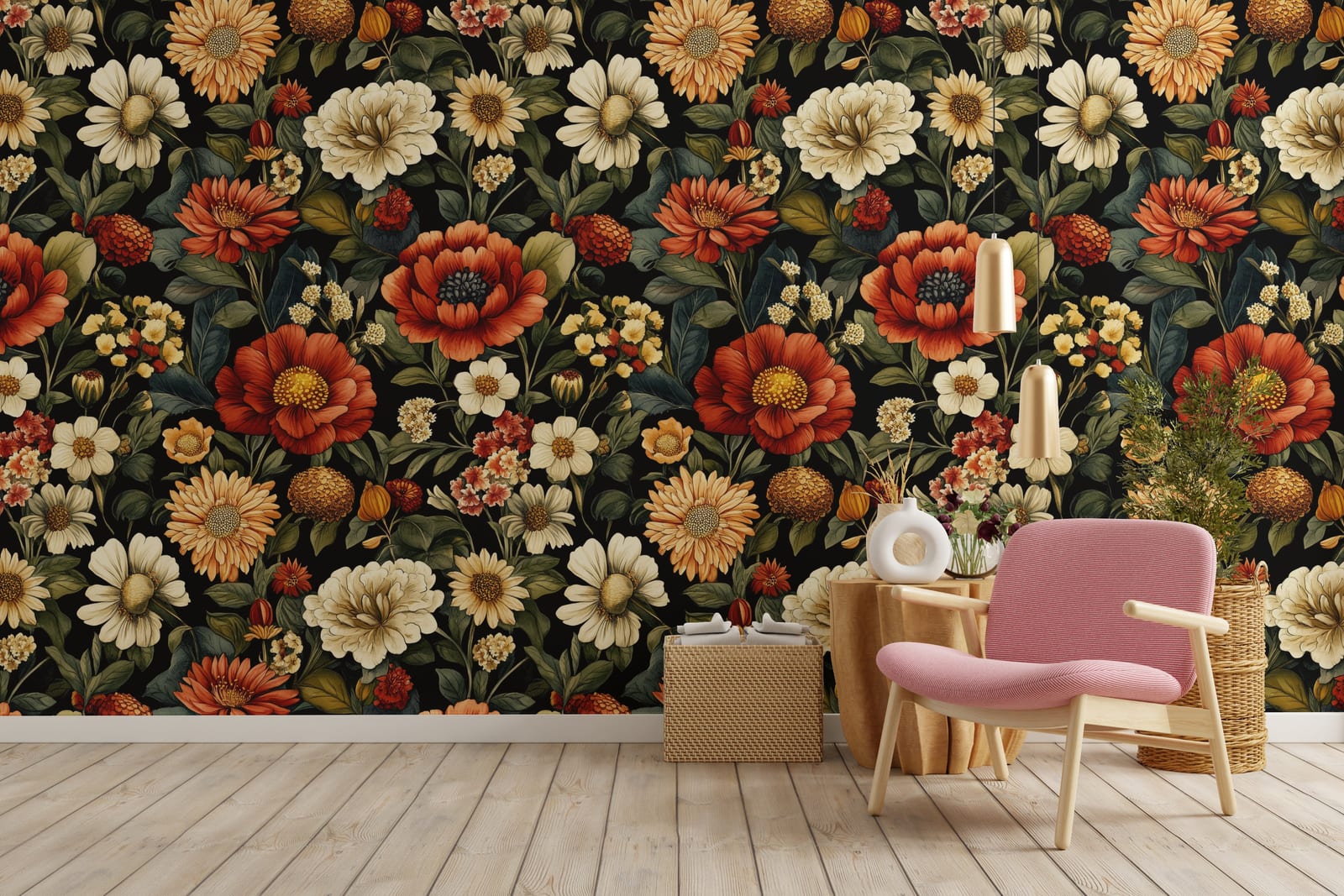 Rich floral pattern wall design with vintage blooms upgrading apartment living room statement