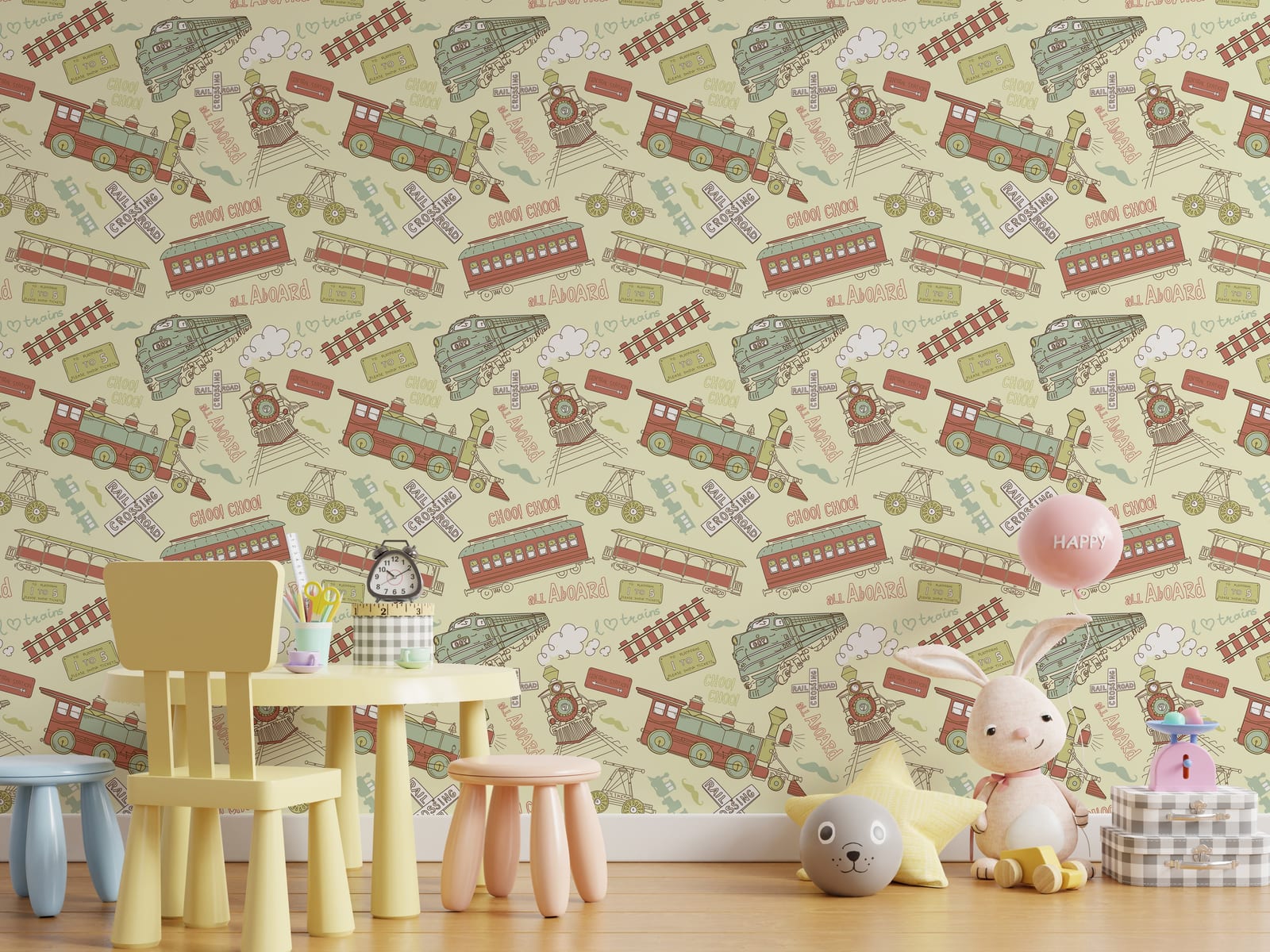 Cozy kids space accent wall wallpaper featuring vintage train travel artwork design, perfect for modern nursery interior decor