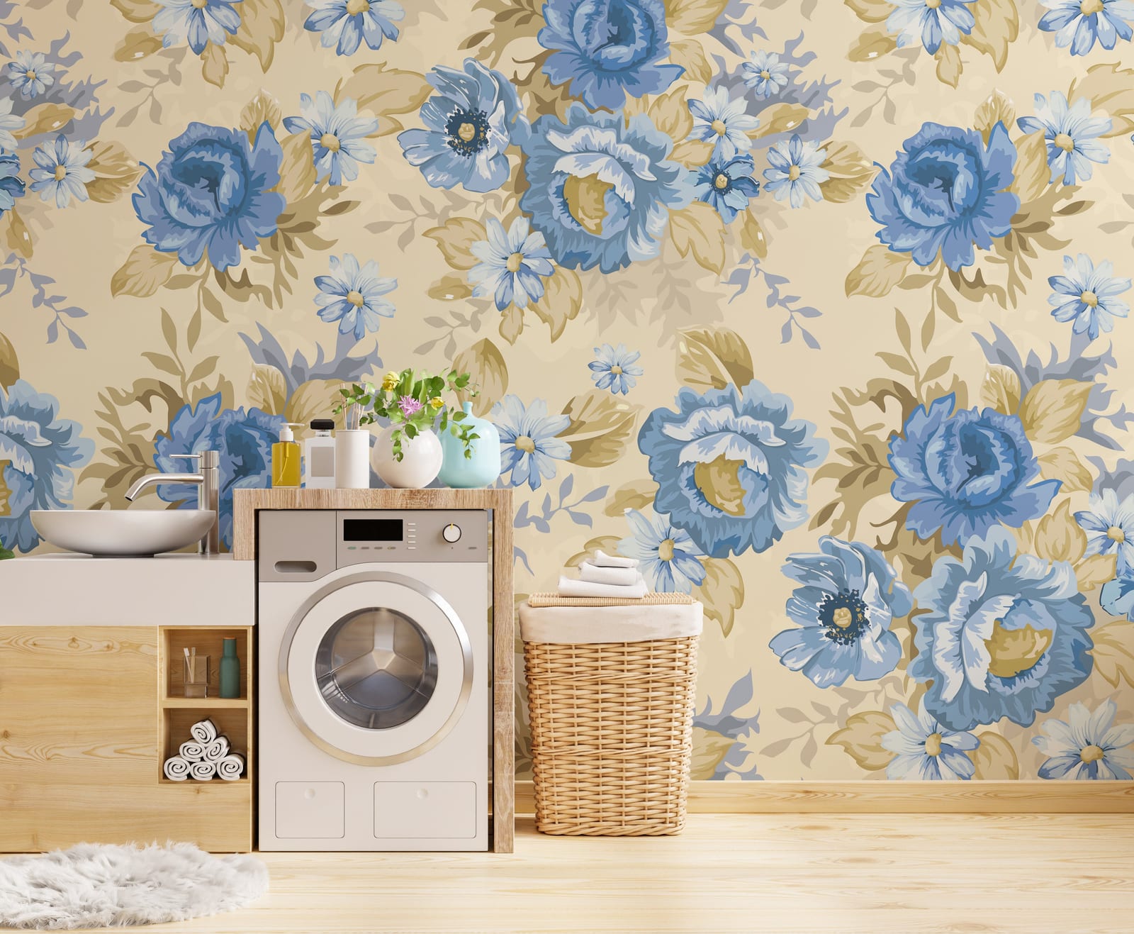 Decorative blue botanical wallpaper creating bathroom wall ambiance