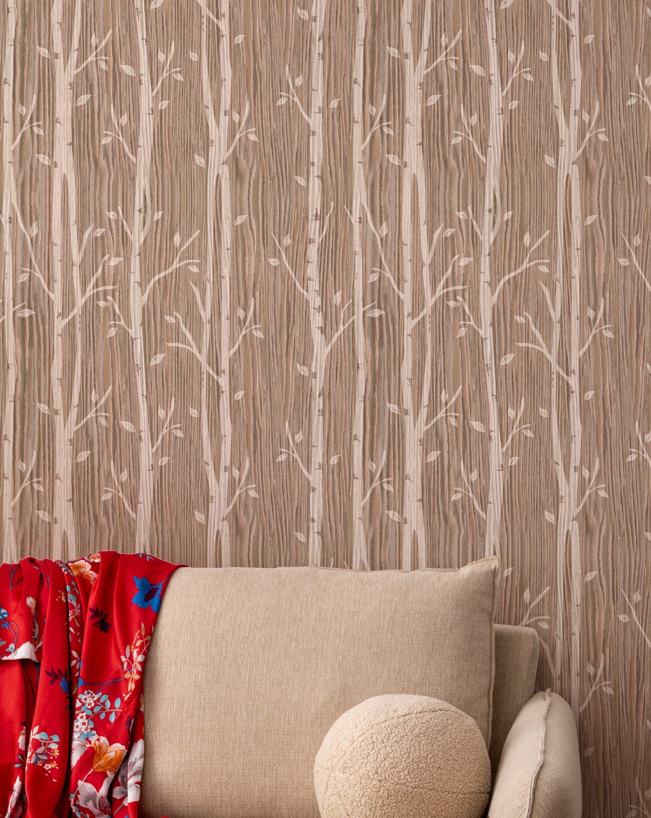 Contemporary bedroom styling featuring soft brown wood grain and delicate forest pattern wall design