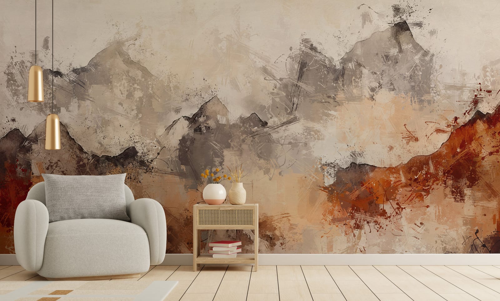 Minimal alpine-themed wall décor in balanced natural hues offering a cozy and elegant guest bedroom ambiance.