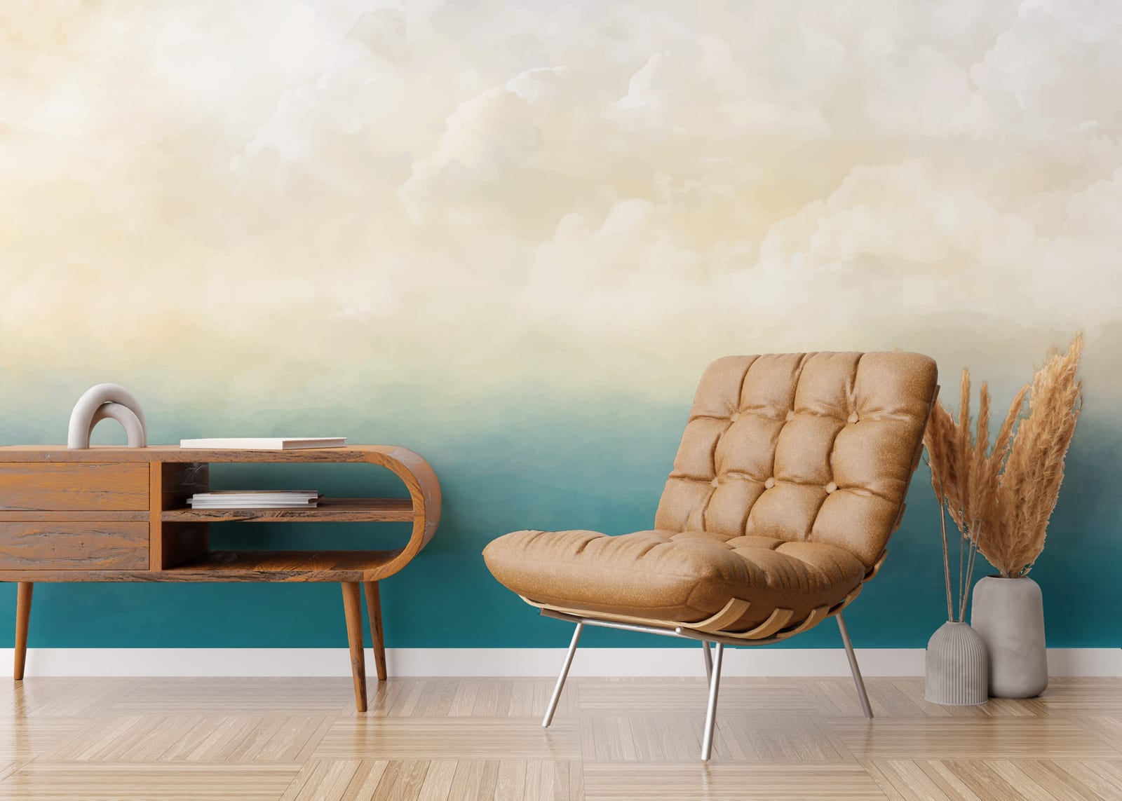 Soft abstract gradient design in warm beige and teal for minimalist home office