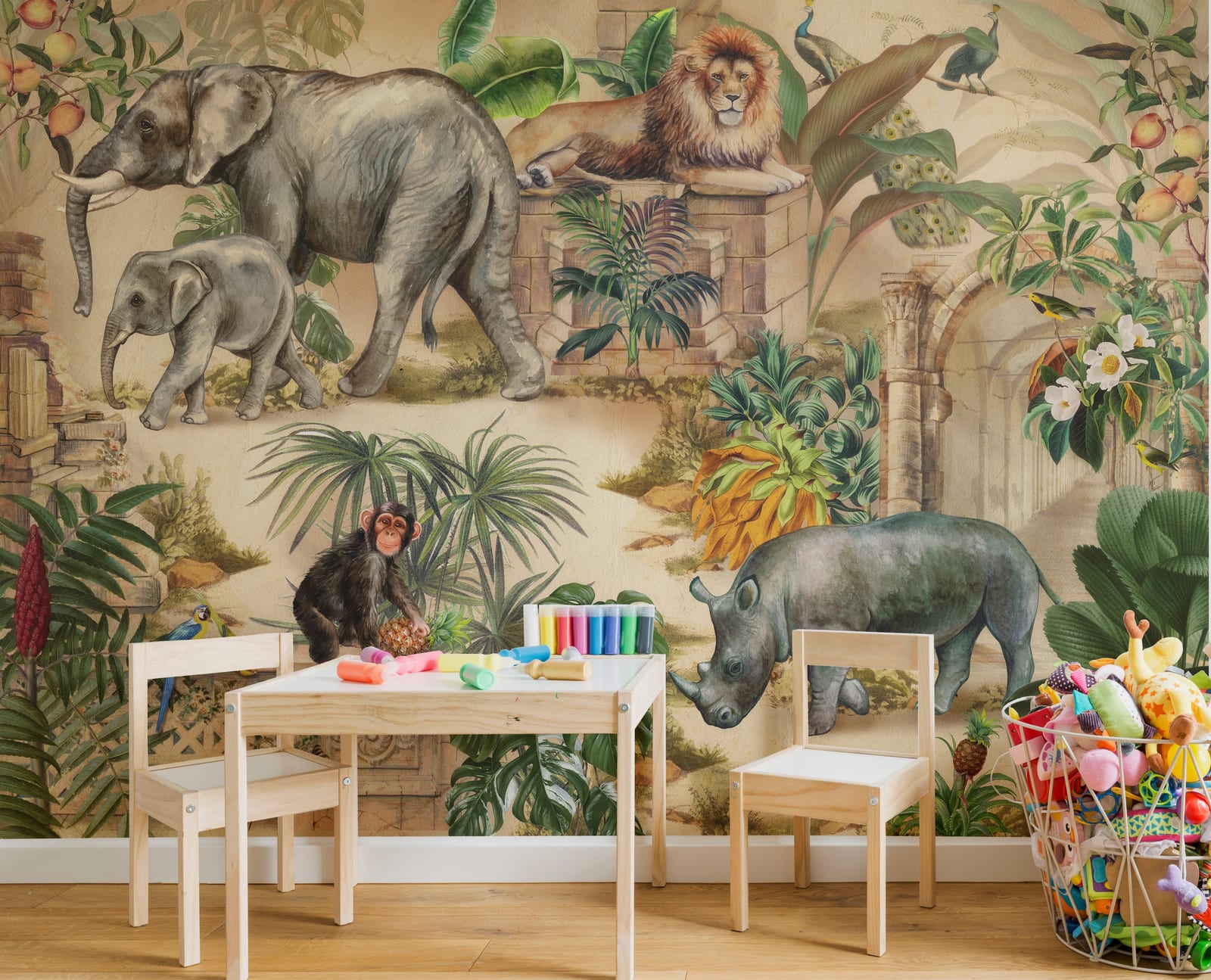 Inspiring study room wallpaper with safari animals elephant monkey and tropical foliage in calm natural tones