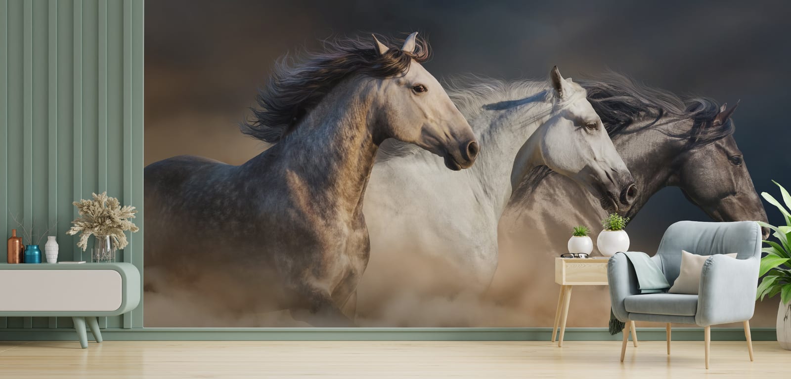 Rustic equestrian mural featuring majestic horses for contemporary living space