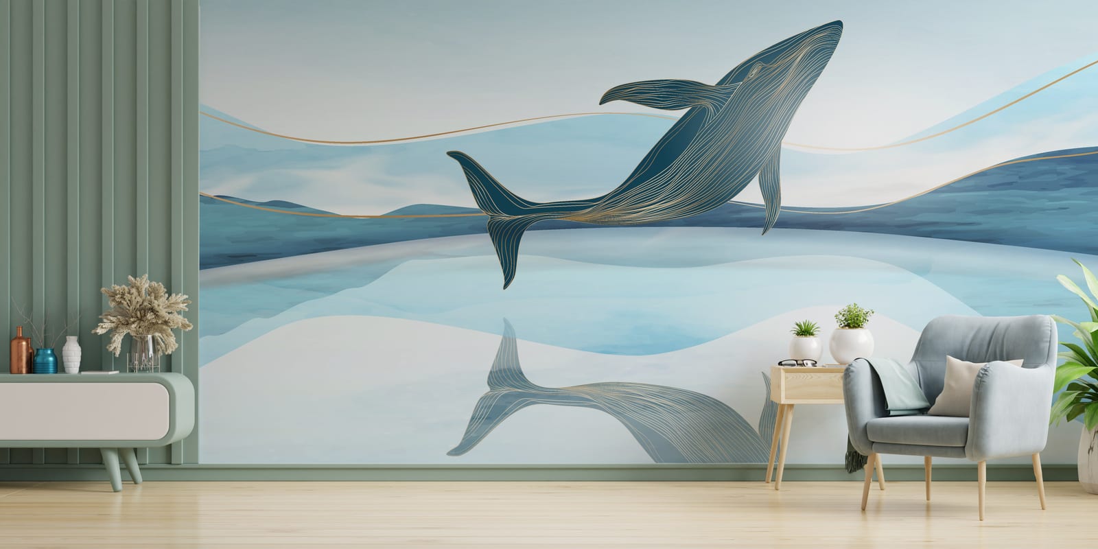 Golden-Line Whale Design | Aqua And Navy Ocean Removable Wallpaper