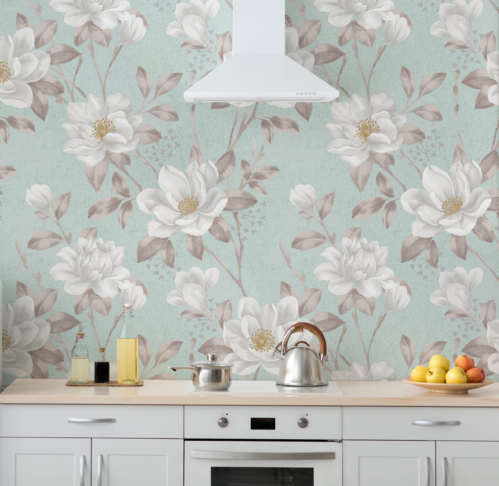 Removable magnolia wallpaper with sage backdrop for modern kitchen wall decor