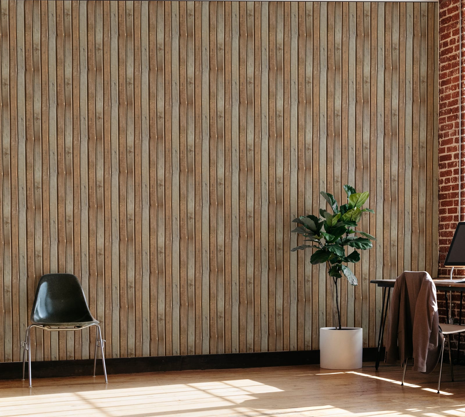 Textured vertical wood panel wallpaper mural inspired by rustic timber walls for cozy study room